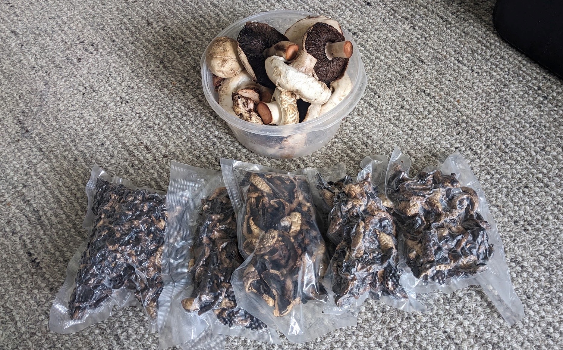 a 2.5 lb container and a bunch of dried mushrooms