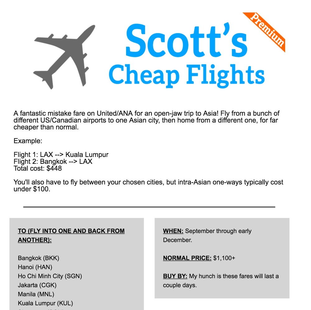 Scotts Cheap Flights, a deal from USA>Asia>USA
