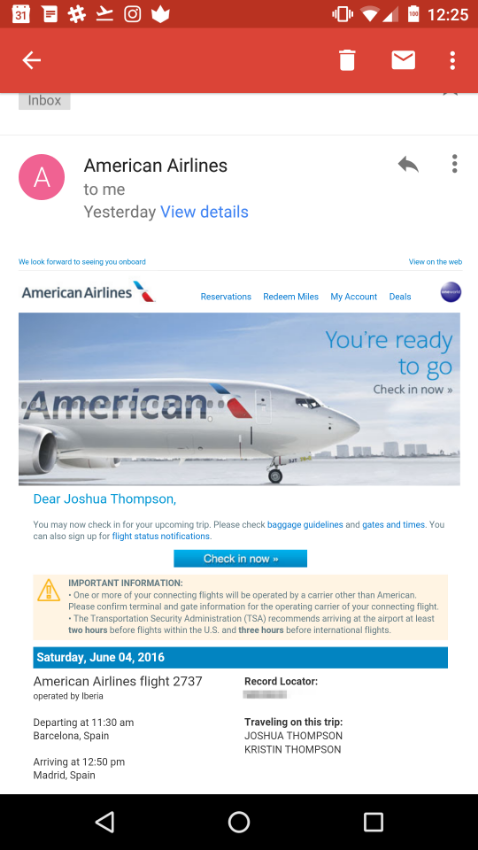 Email prompting me to check into my flight. Almost illegible because the text is so small.